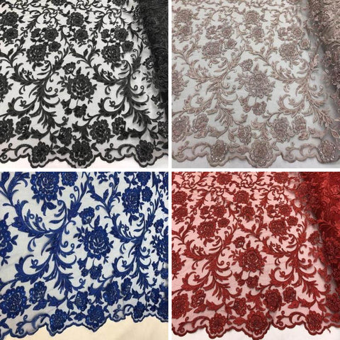 Beaded Floral Embroidery Lace Fabric