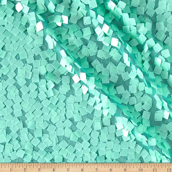 Mint Square Dazzle on Mesh Sequin Fabric