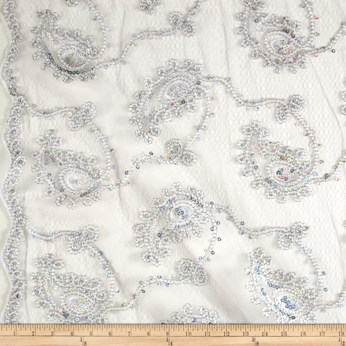 Silver Coco Paisley Sequin Double Border Lace Fabric