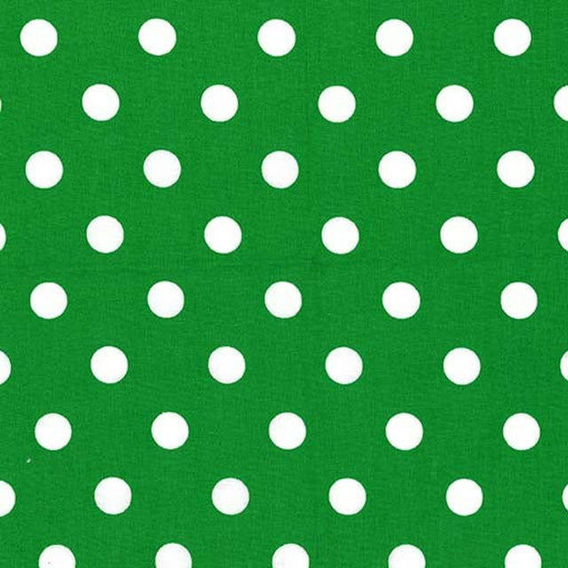 1" One Inch White Polka Dot on Green Poly Cotton Fabric