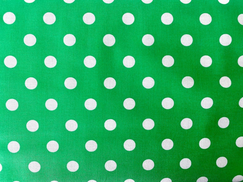 1" One Inch White Polka Dot on Green Poly Cotton Fabric