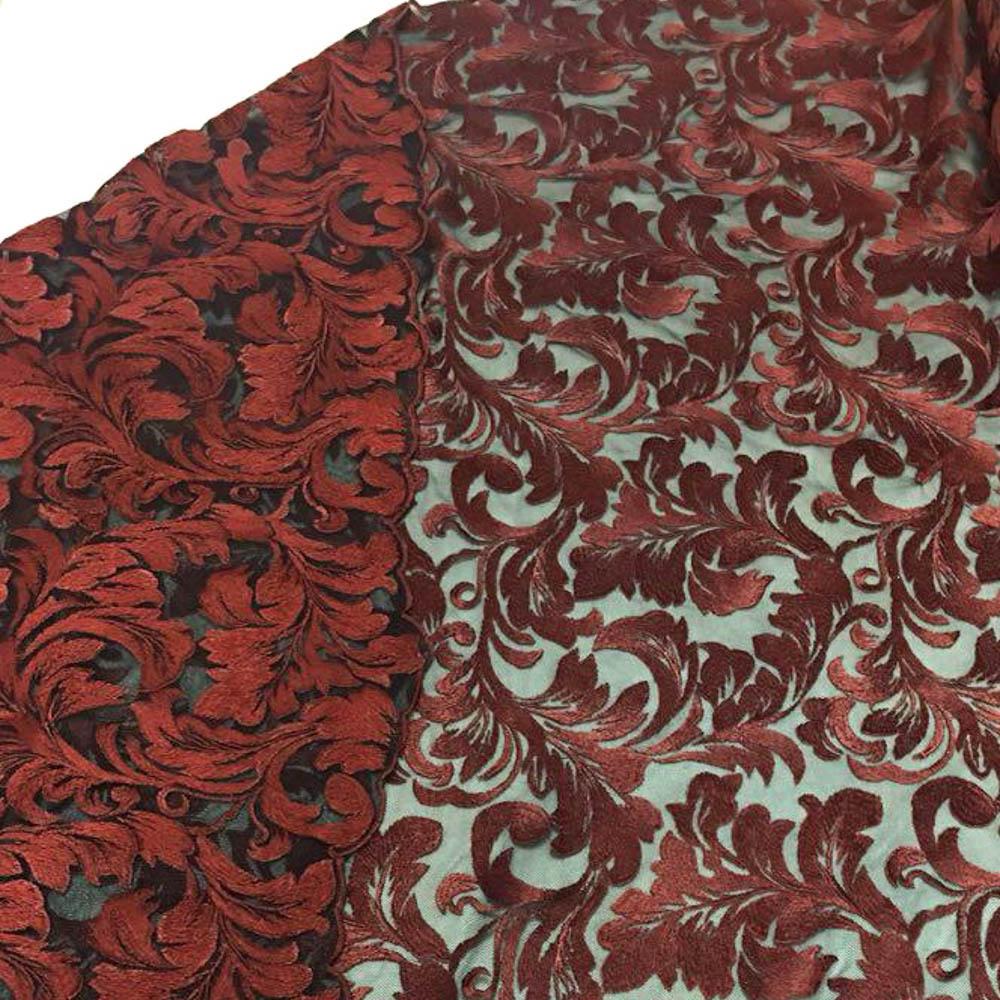 Burgundy Damask Pattern Lace Fabric